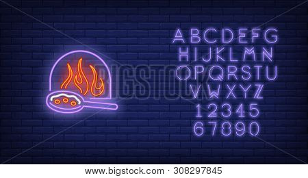Firewood Oven And Pizza In Pan Neon Sign. Pizzeria Advertisement Design. Night Bright Neon Sign, Col