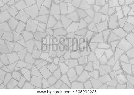 Broken Tiles Mosaic Seamless Pattern. White And Gray Tile Real Wall High Resolution Real Photo Or Br