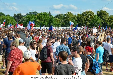 Prague, Czech Republic - June 23 2019: Crowd Of People Protests Against Prime Minister Babis And Min