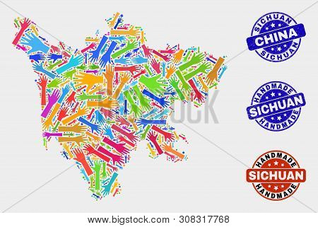 Vector Handmade Combination Of Sichuan Province Map And Unclean Watermarks. Mosaic Sichuan Province 