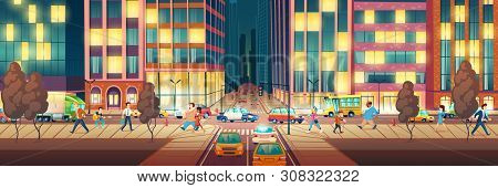 Modern Metropolis Street At Evening Time Cartoon Vector Concept With Various Cars Going On Road, Ped