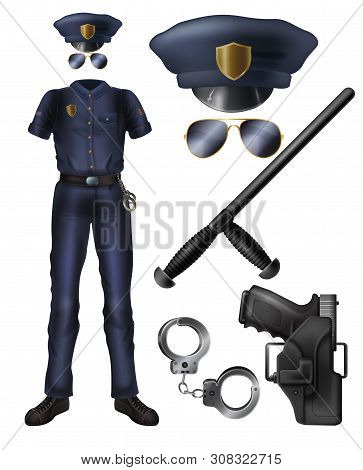Police Officer Or Security Service Guard Uniform, Weapon, Accessories Cartoon Vector Set. Policeman 