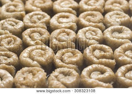 Pieces Of Turkish Or Arabic Traditional Declious Oriental Dessert Pahlava, Baklava, Close Up