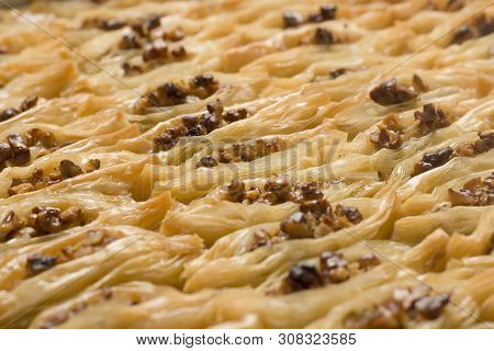 Pieces Of Turkish Or Arabic Traditional Declious Oriental Dessert Pahlava, Baklava, Close Up