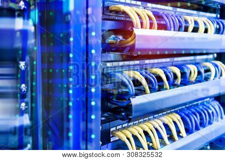 network cable connecting on network core switch close up