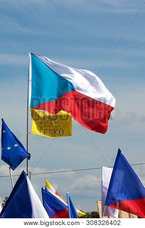 Prague, Czech Republic - June 23 2019: Flags And Banners Against Prime Minister Babis And Minister O