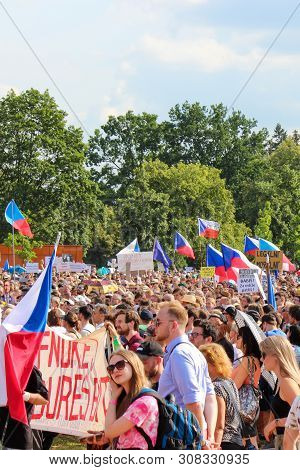 Prague, Czech Republic - June 23 2019: Crowd Of People Protests Against Prime Minister Babis And Min