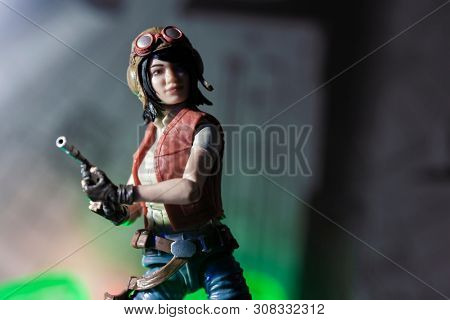 JULY 24 2019: Recreation of a scene from Star Wars Marvel Comics Darth Vader series with Doctor Chelli Lona Aphra drawing her blaster - Hasbro Black Series action figures