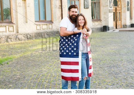 National Holiday. Bearded Hipster And Girl Celebrating. 4th Of July. American Tradition. American Pa