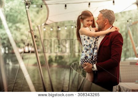 Cute Daughter Wearing Nice Dress Hugging Her Loving Father