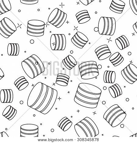 Black Database Icon Isolated Seamless Pattern On White Background. Network Databases, Disc With Prog