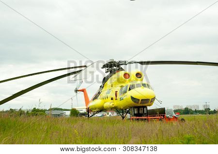 Tyumen, Russia - June 19, 2019: Aircraft Repair Helicopter Utair Engineering Plant. Old Mi-10k Helic