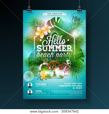 Summer Beach Party Flyer Design With Flower, Lifebelt And Sunglasses On Blue Background. Vector Summ