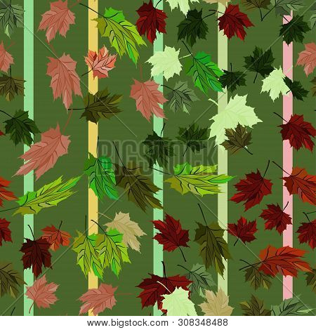 Maple Leaves Vector Seamless Pattern Autumn Style - Striped Red, Green And Ginger Yellow Colors. Gre