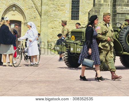 Sainte Mere, Normandy, France - June 06, 2019. D Day 75 Birthday Of French Liberation By Allied Coun