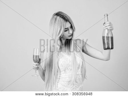 Glamorous Party. Girl Drinking Pearl Glitter Champagne. Woman White Dress Bottle Glass Alcohol Drink