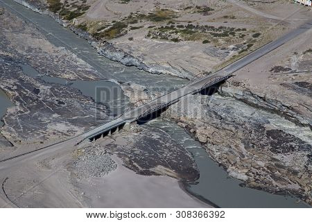 Kangerlussuaq, Greenland - July 13, 2018: High Angle View Of The Watson River Bridge