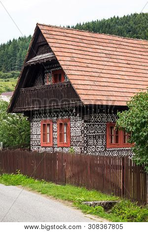 Cicmany, Slovakia - August 02, 2015: Old Wooden Houses In Slovakia Village Cicmany, Traditional Pain