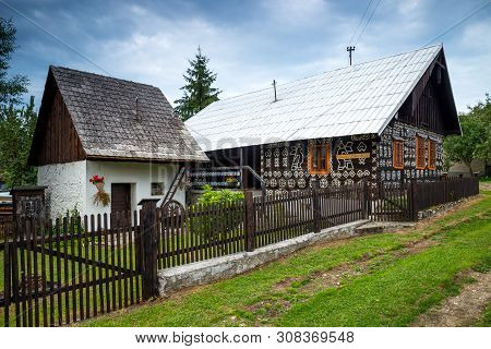 Cicmany, Slovakia - August 02, 2015: Old Wooden Houses In Slovakia Village Cicmany, Traditional Pain