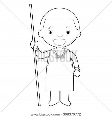 Easy Coloring Cartoon Character From Kenya Dressed In The Traditional Way Of The Masai Tribe. Vector