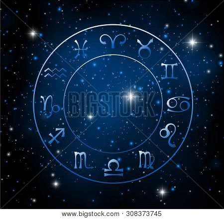 Vector Graphics Astrology Set On The Starry Sky Background. A Simple Geometric Representation Of The