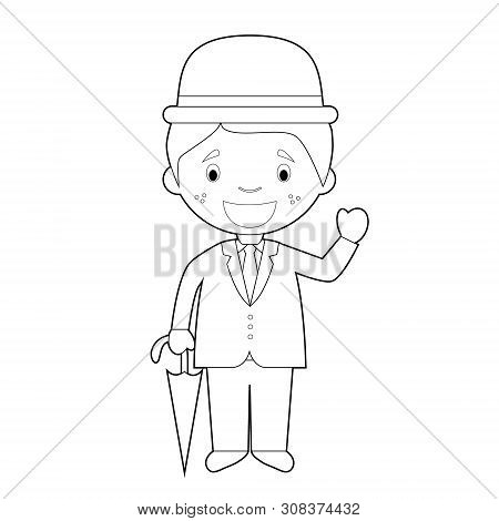 Easy Coloring Cartoon Character From England Dressed In The Traditional Way With Umbrella. Vector Il