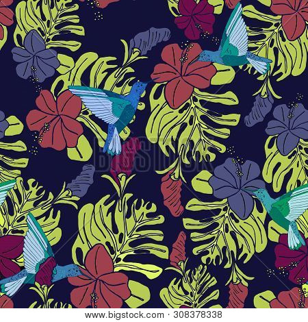 Tropical Pattern With Hummingbirds, Palm Leaves And Hibiscus Flowers