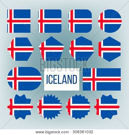 Iceland Flag Collection Figure Icons Set . Blue Field With White-edged Red Cross Extends To Edges, V