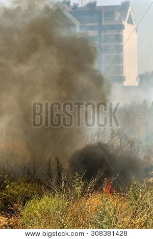 Strong Smoke In Steppe. Forest And Steppe Fires Destroy Fields And Steppes During Severe Droughts. F