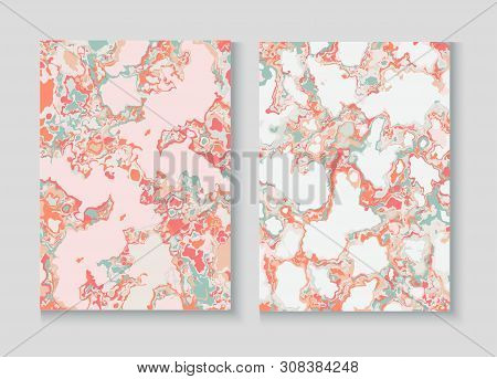 Fluid Paint Marble Vector Background Set. Granite, Pebble Frame. Terrazzo Wall Textured Organic Cove