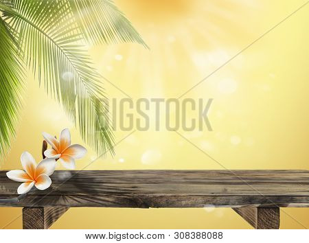 Empty Rustic Tabletop Of Free Space  On Summery Blurred Background With Palm Trees And Blurred Bokeh