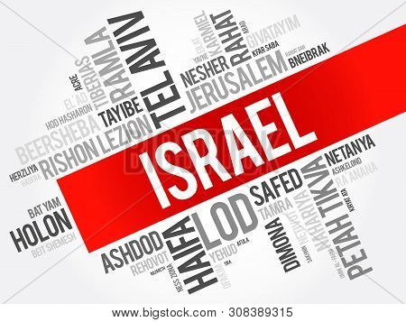 List Of Cities And Towns In Israel, Word Cloud Collage, Business And Travel Concept Background