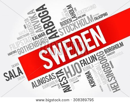 List Of Cities And Towns In Sweden, Word Cloud Collage, Business And Travel Concept Background