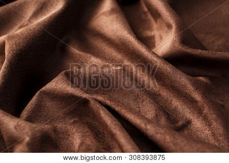 Brown Velor Textural Background Pattern. Gorgeous Elastic Velor Fabric Has A Velvet Pile, Shine And
