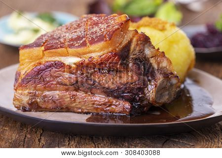 Closeup Of Grilled Frankonian Schaeufele With Dumpling