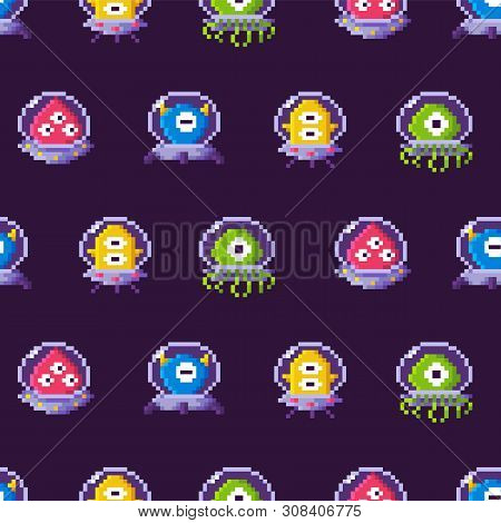 Aliens Seamless Pattern Vector, Galaxy Invaders Wearing Protective Costumes. Monsters With Eyes And 