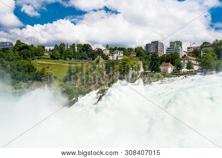 Neuhausen Am Rheinfall, Switzerland - 23 July 2019. Waterfall On The River Rhine In The City Neuhaus