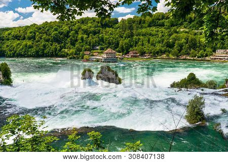 Neuhausen Am Rheinfall, Switzerland - 23 July 2019. Waterfall On The River Rhine In The City Neuhaus