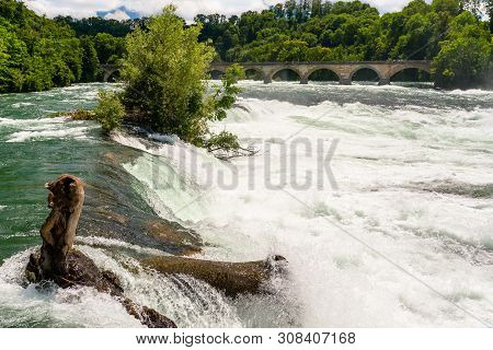Neuhausen Am Rheinfall, Switzerland - 23 July 2019. Waterfall On The River Rhine In The City Neuhaus