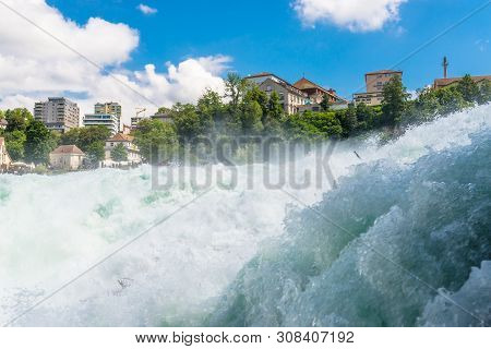 Neuhausen Am Rheinfall, Switzerland - 23 July 2019. Waterfall On The River Rhine In The City Neuhaus