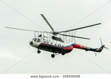 Tyumen, Russia - June 19, 2019: Aircraft Repair Helicopter Utair Engineering Plant. Test Flight Of M