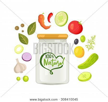 Bin Of Natural Food, Vegetables Slices Of Cucumber, Bow, Garlic And Pepper, Leaves Of Basil, Hot-pep