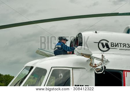 Tyumen, Russia - June 19, 2019: Aircraft Repair Helicopter Utair Engineering Plant. Male Mechanic In