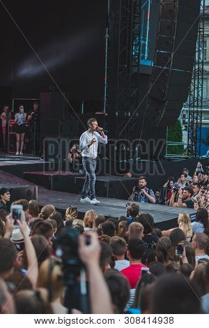 Lviv, Ukraine - June 18, 2019: Vakarchuk At Stage Talking In Microphone. Political