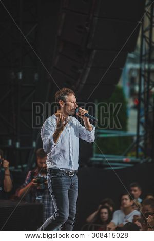 Lviv, Ukraine - June 18, 2019: Vakarchuk At Stage Talking In Microphone. Political