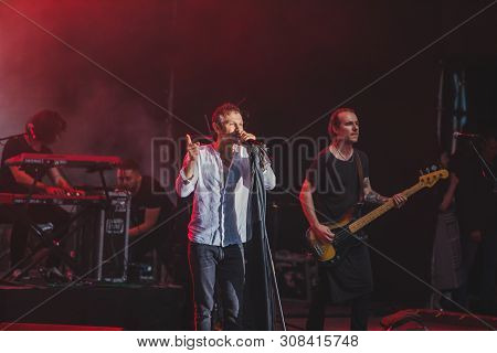Lviv, Ukraine - June 18, 2019: Svyatoslav Vakarchuk Ukrainian Rock Singer At Stage. Music Fest