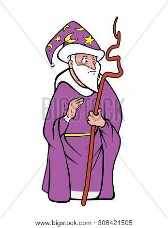 Cartoon Vector Illustration Of A Wizard Holding A Staff