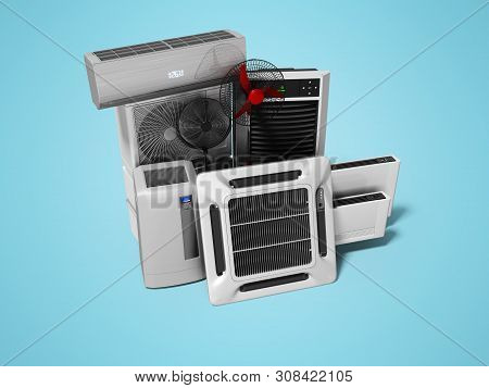 Concept Group Of Equipment For Cooling And Air Conditioning View Of 3d Render On Blue Background Wit