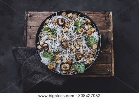 Healthy Asian Salad. Rice Noodles With Shiitake Mushrooms And Fried Tofu