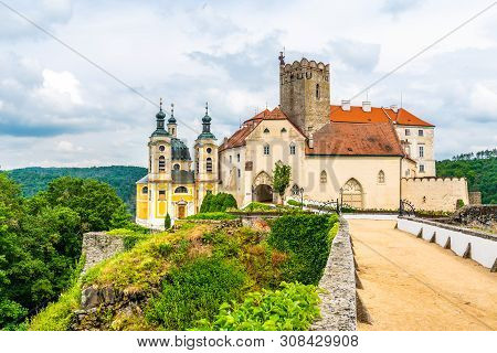 View Of Beautiful Castle Vranov Nad Dyji, Moravian Region In Czech Republic. Ancient Chateau Built I